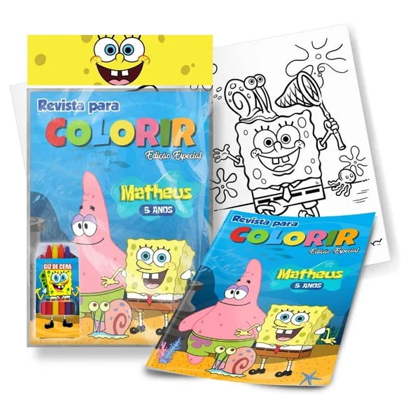 Kit de Colorir Revista + Giz de Cera Bob Esponja